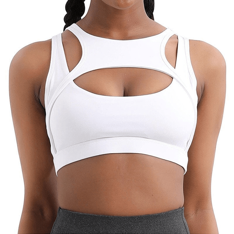 Athletic Women's Sports Bra SF0974 for yoga and running, featuring breathable, quick-dry fabric and no zipper closure in white.